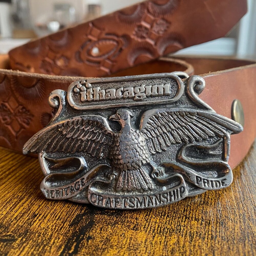 Vintage 1976 Western Tooled Leather Belt with Eagle Buckle Unisex - Picture 2 of 12
